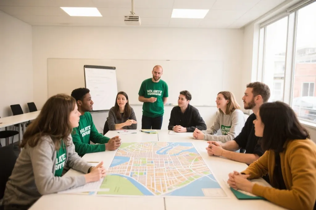 志愿者培训课堂与情景演练，团队围着地图与标识进行模拟指引