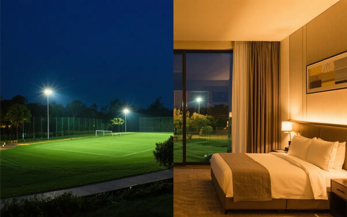 夜晚球场灯光与城市精品酒店房间氛围,轻奢观赛旅行视觉