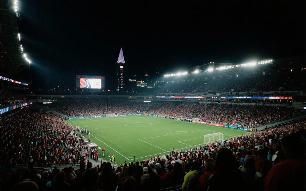 北美主办城市夜景与球场氛围，象征主场优势