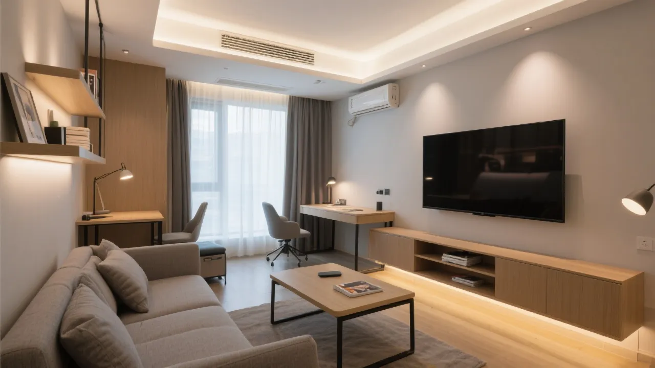 短租室内布局：客厅观赛区与工作区并存